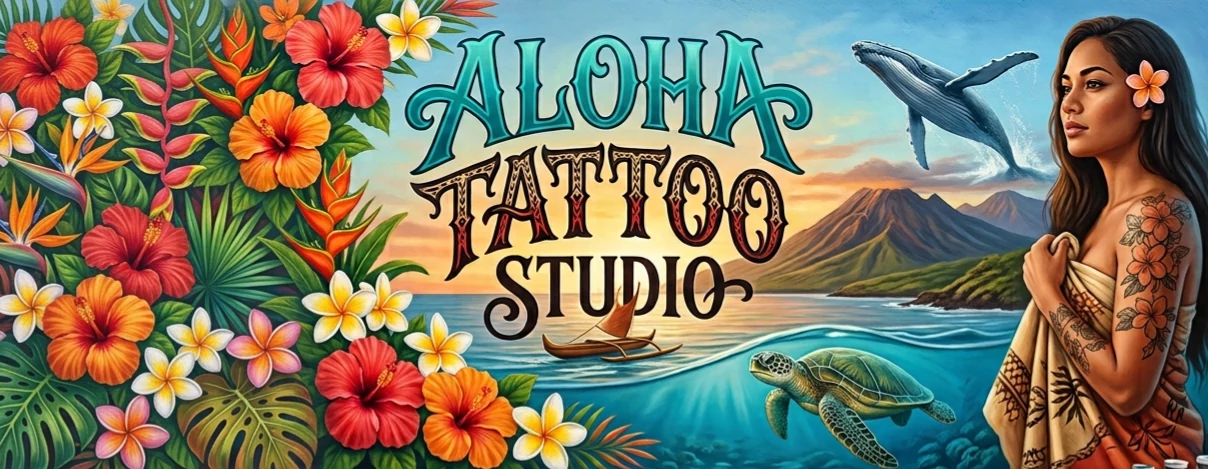 Aloha Tattoo Studio: painted Hawaiian scene with hibiscus flowers, ocean, a turtle and a whale